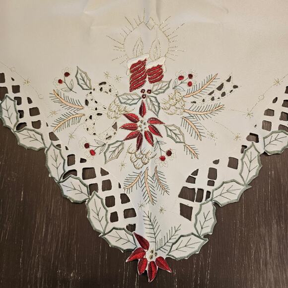 Holiday Fireplace Decor-Embroidered Poinsettias, Candles and Holly Berries 47x20 - Picture 5 of 8